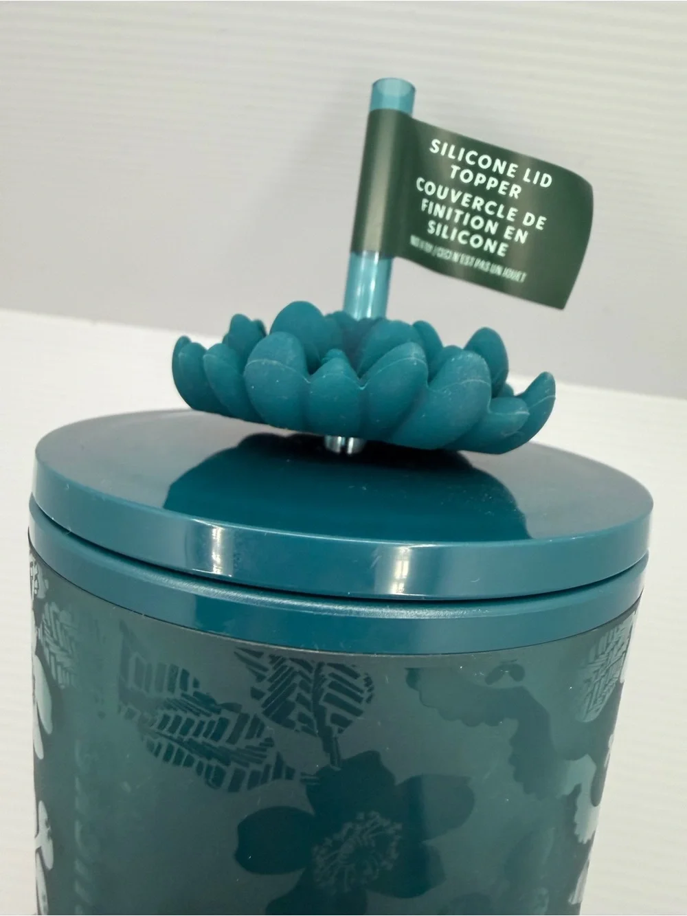 Starbucks Teal Floral Cold Cup Tumbler with Blooming Flower-Topped Straw